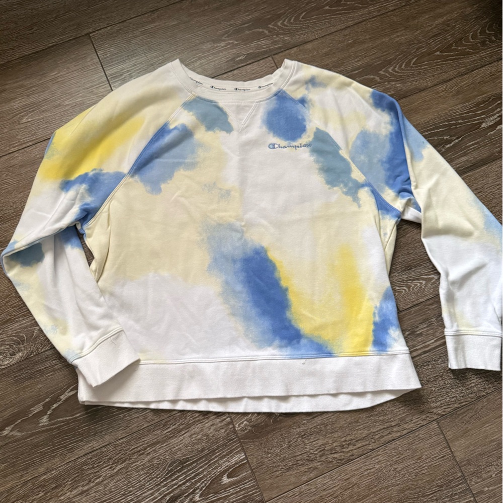 Champion Women's Sweatshirt - Blue and Yellow Tie-Dye